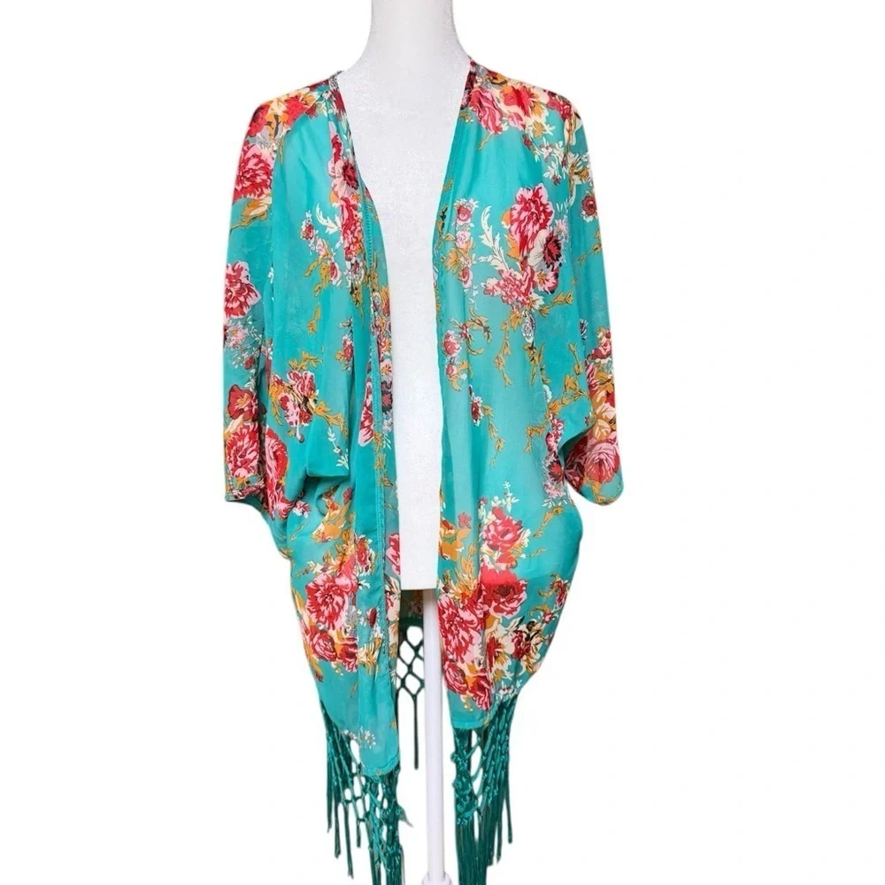 Teal Floral Kimono with Fringe Hem – One Size Open Front Cover Up